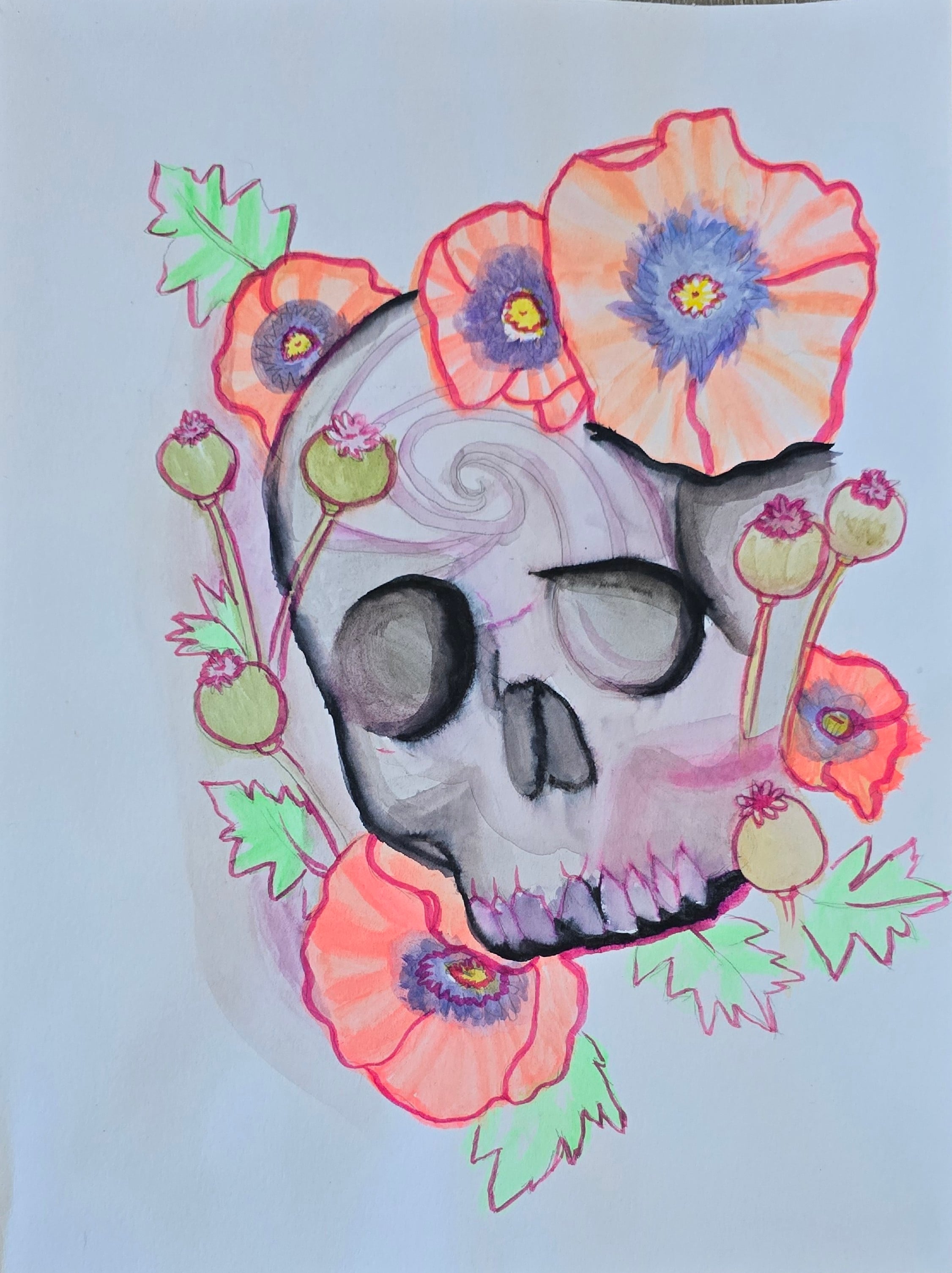 Skull and Poppies - Original artwork by Gabby Jones